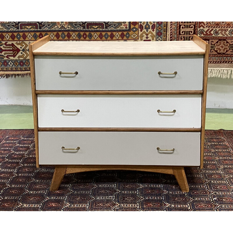 Vintage chest of drawers with compass feet in blond oak and pine 1970