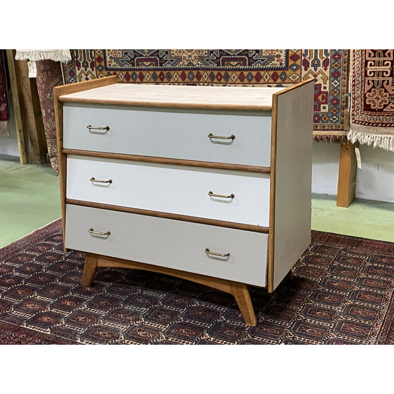 Vintage chest of drawers with compass feet in blond oak and pine 1970