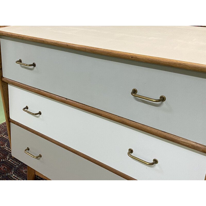 Vintage chest of drawers with compass feet in blond oak and pine 1970