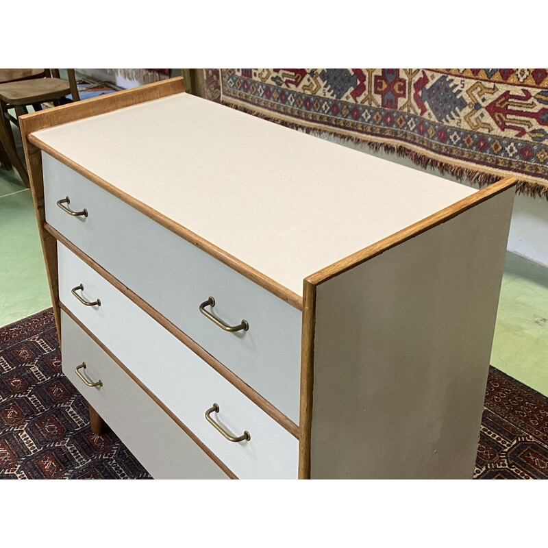 Vintage chest of drawers with compass feet in blond oak and pine 1970