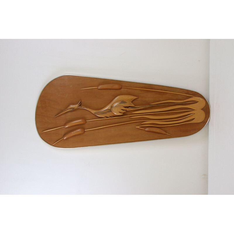 Vintage Wooden Wall Decoration Heron in the Bamboo 1960s