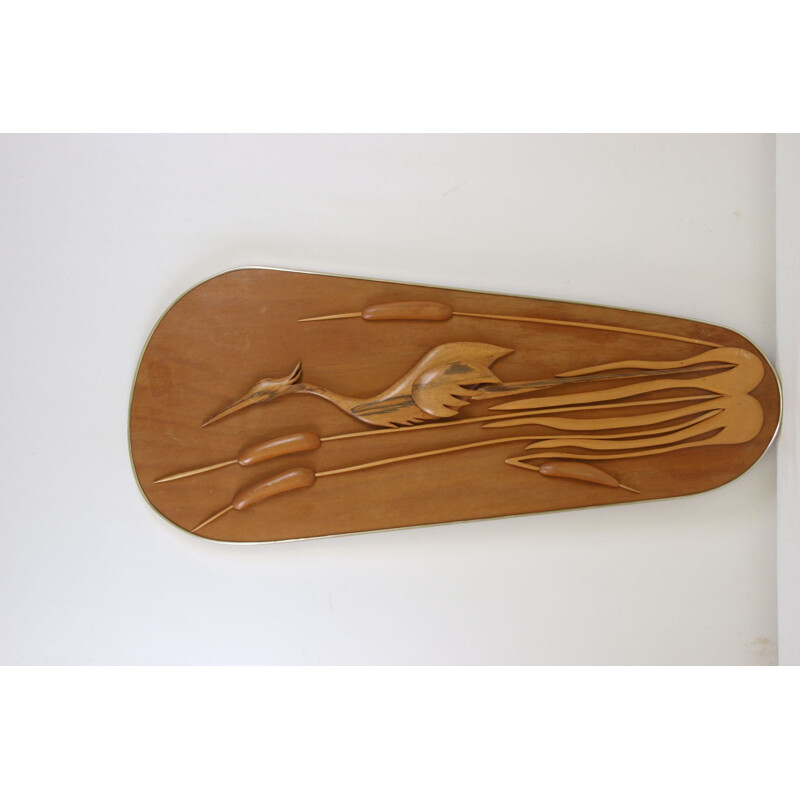 Vintage Wooden Wall Decoration Heron in the Bamboo 1960s