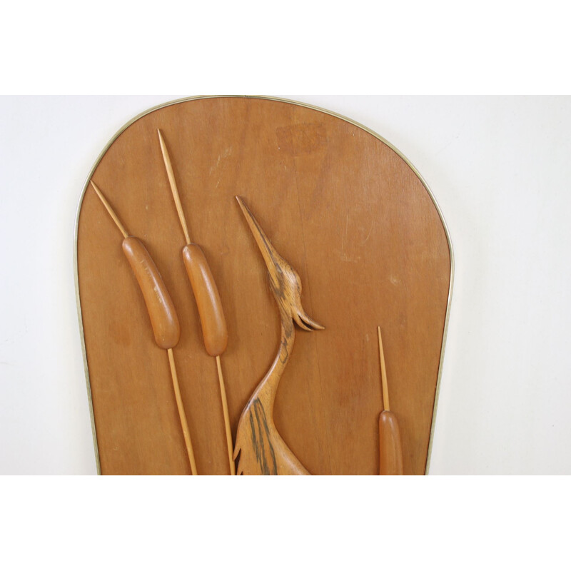 Vintage Wooden Wall Decoration Heron in the Bamboo 1960s