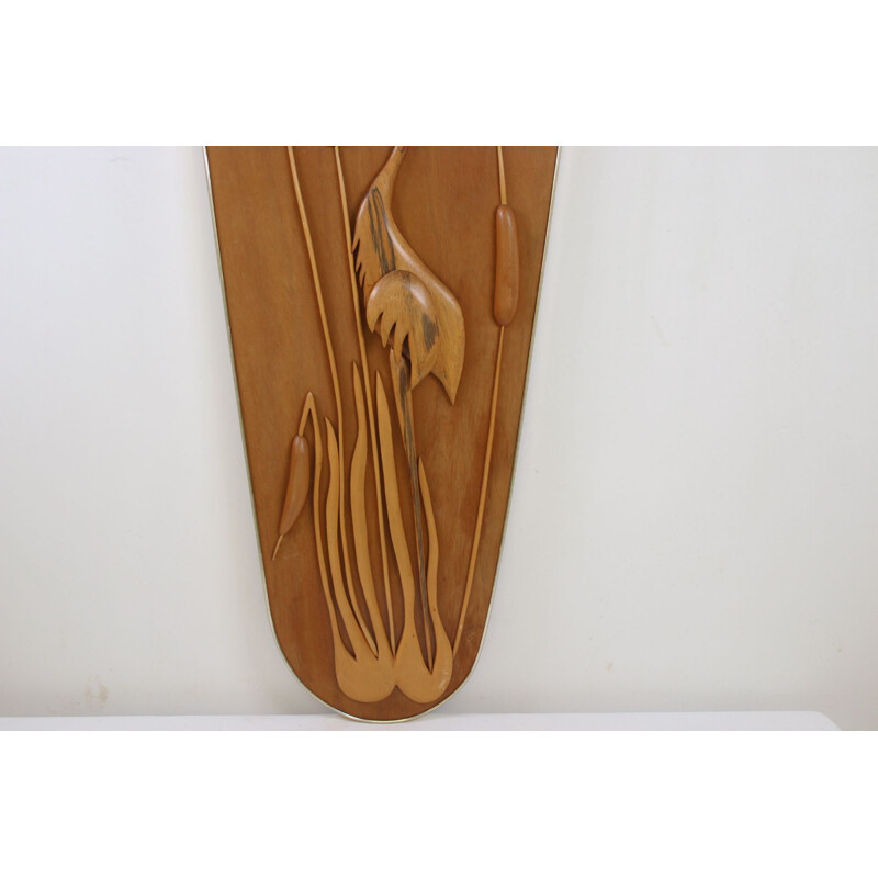 Vintage Wooden Wall Decoration Heron in the Bamboo 1960s