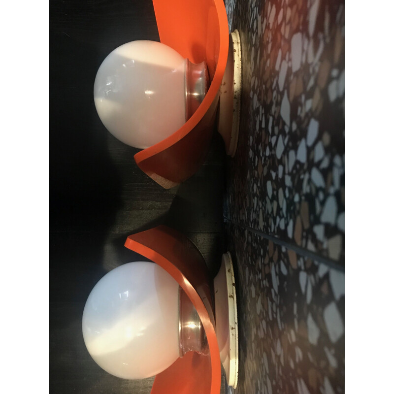 Pair of Vintage orange plastic wall lights and white opaque glass globe 1970