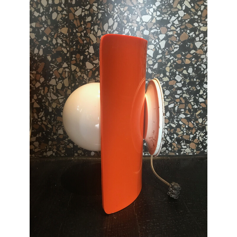 Pair of Vintage orange plastic wall lights and white opaque glass globe 1970