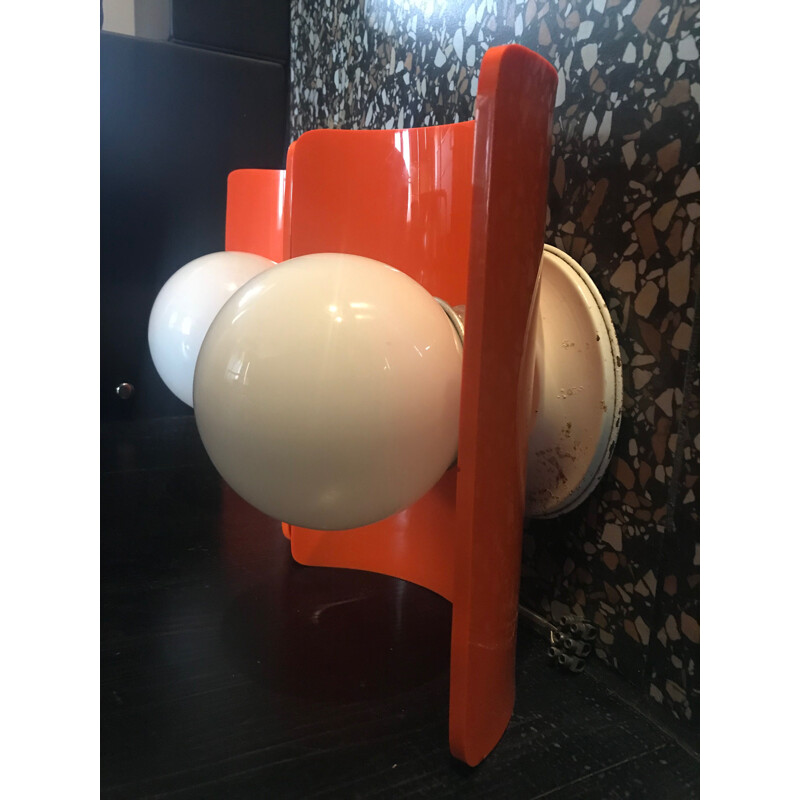 Pair of Vintage orange plastic wall lights and white opaque glass globe 1970