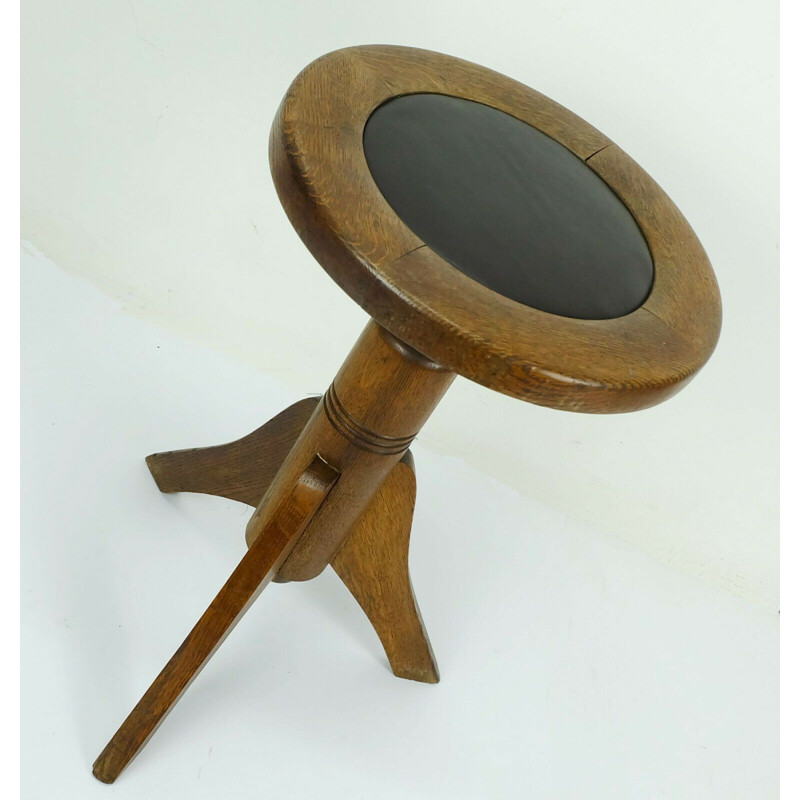 Tabouret de piano vintage en cuir de chêne à hauteur réglable 1910