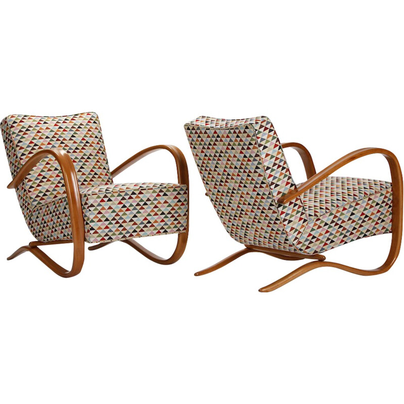 Pair of "H-269" armchairs in wood and fabric, Jindrich HALABALA - 1930s