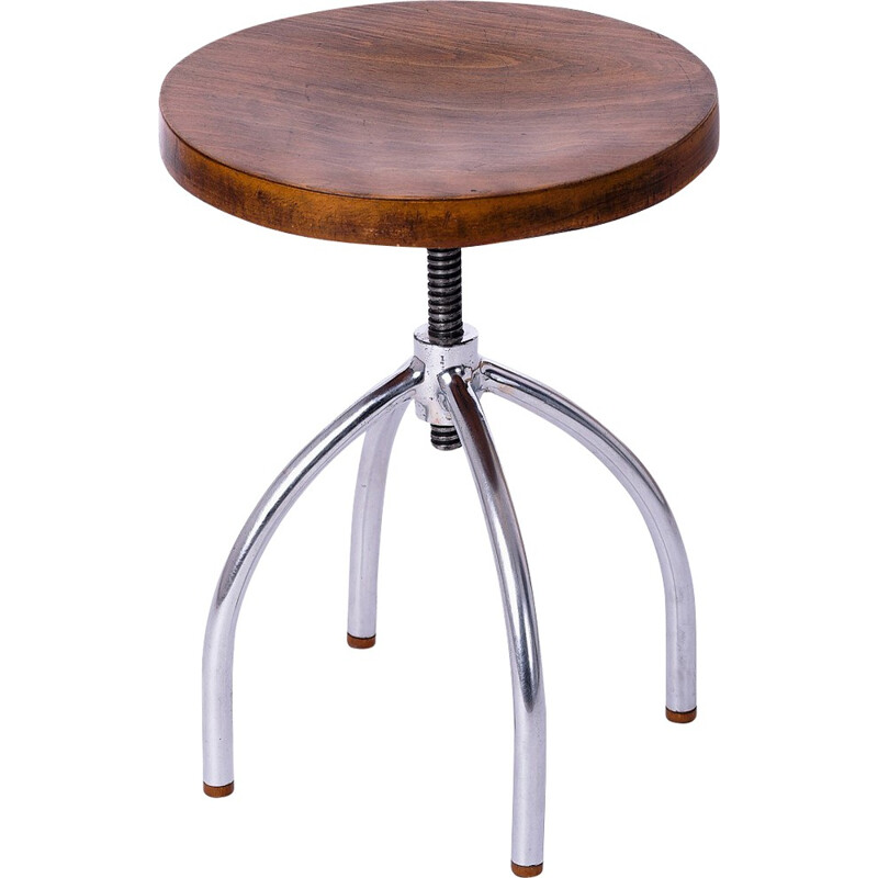Czech chromed and wooden swivel stool - 1940s