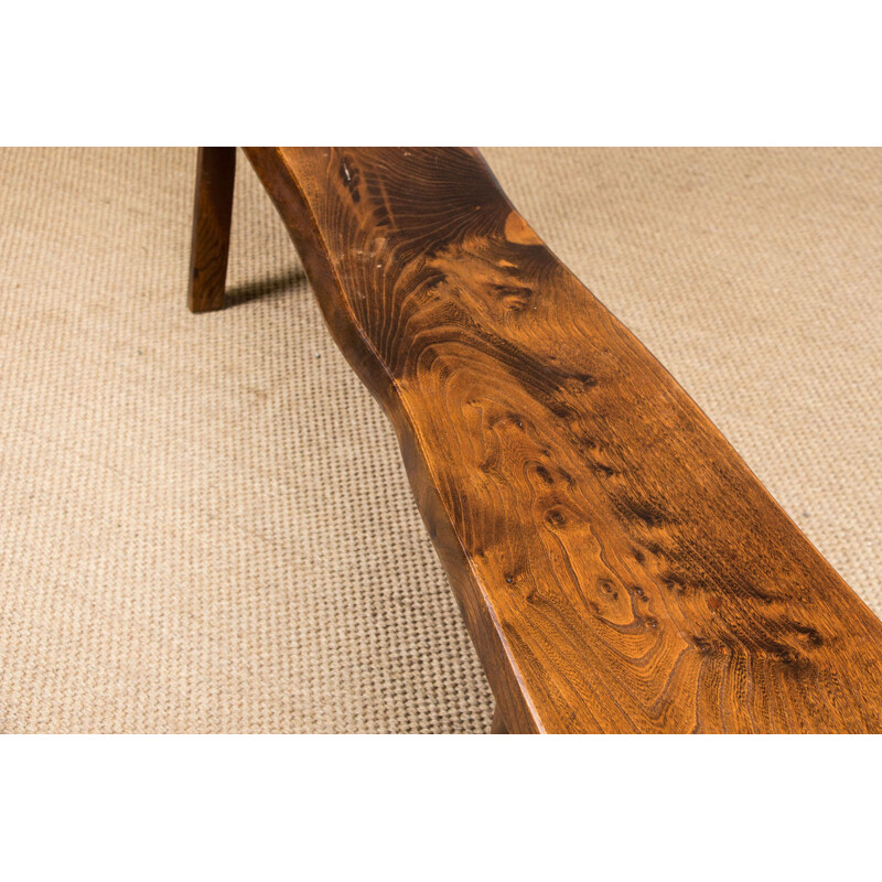 Large vintage bench in solid Elm hand carved by Olavi Hanninen for Mikko Scandinavian Nupponen