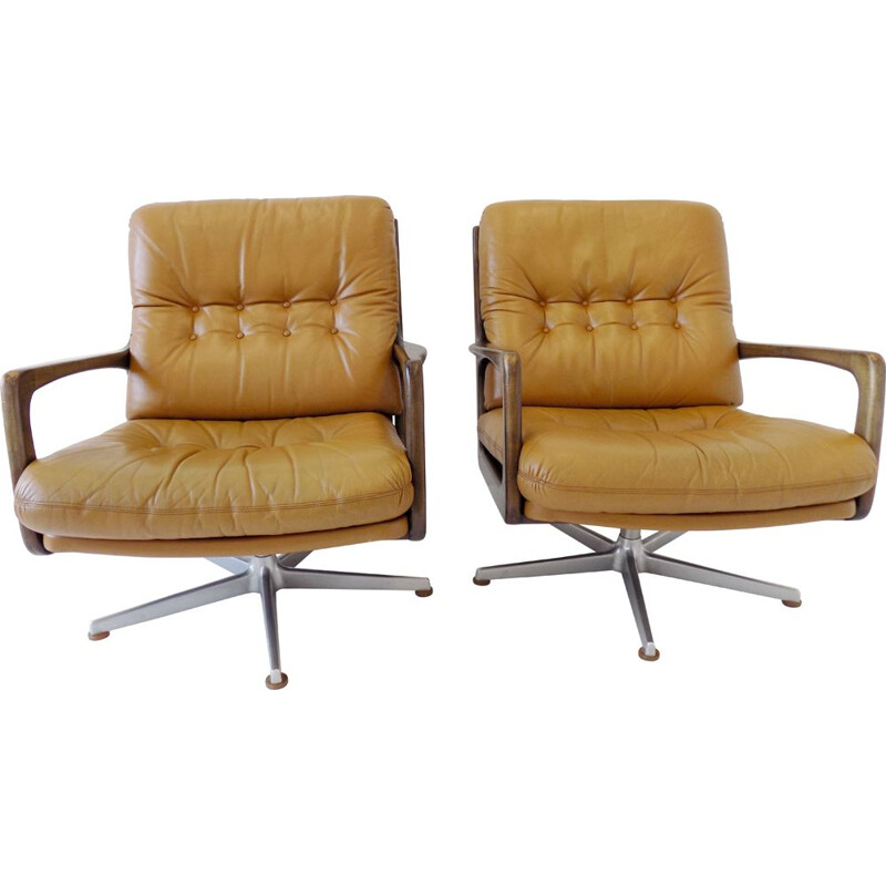 Pair of Vintage Eugen Schmidt caramel leather armchairs for Soloform 1960s