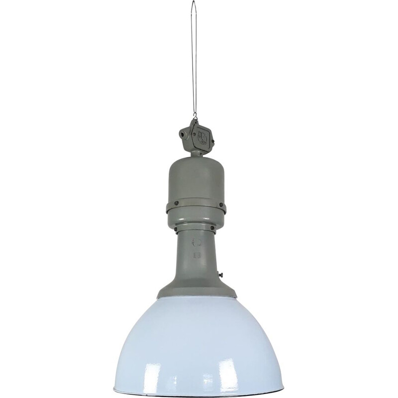 vintage industriële lichtblauwe email hanglamp van ElKo, 1960