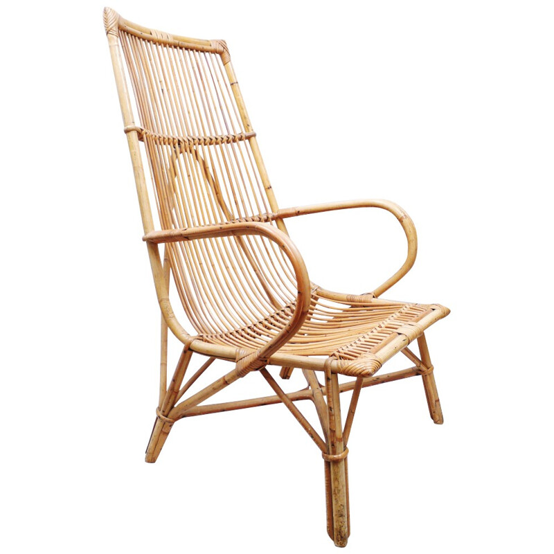 Mid century modern high armchair in rattan - 1960s
