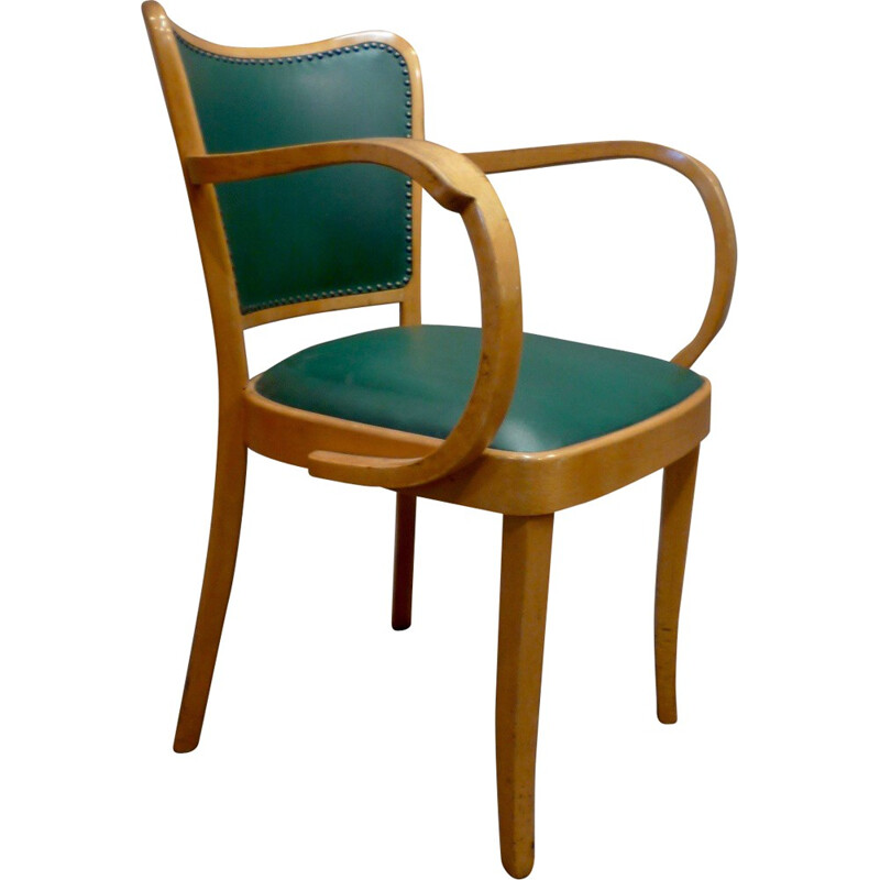 Thonet armchair in green leather and beechwood - 1950s
