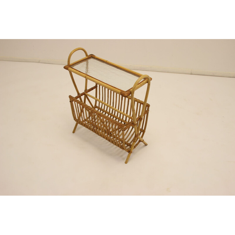 Vintage Bamboo or Rattan Magazine rack with glass plate