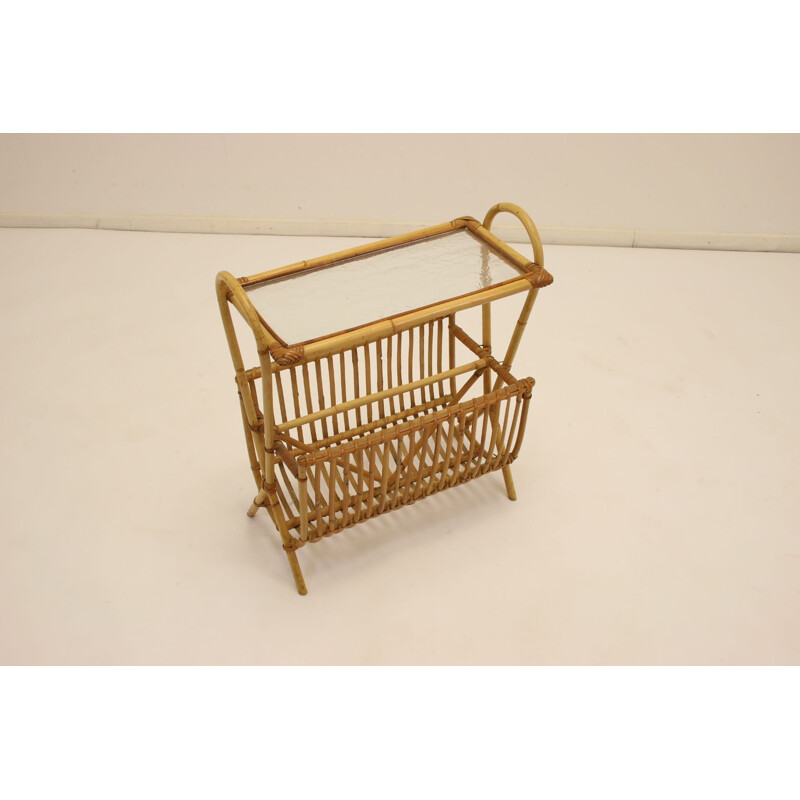 Vintage Bamboo or Rattan Magazine rack with glass plate