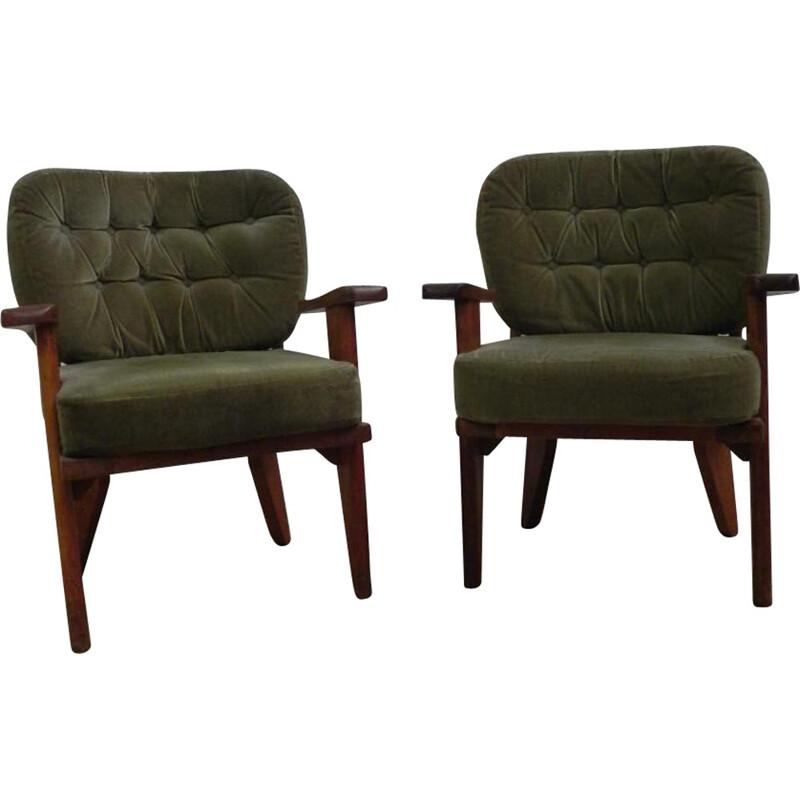 Pair of armchairs in oakwood and green fabric, GUILLERME et CHAMBRON - 1960s