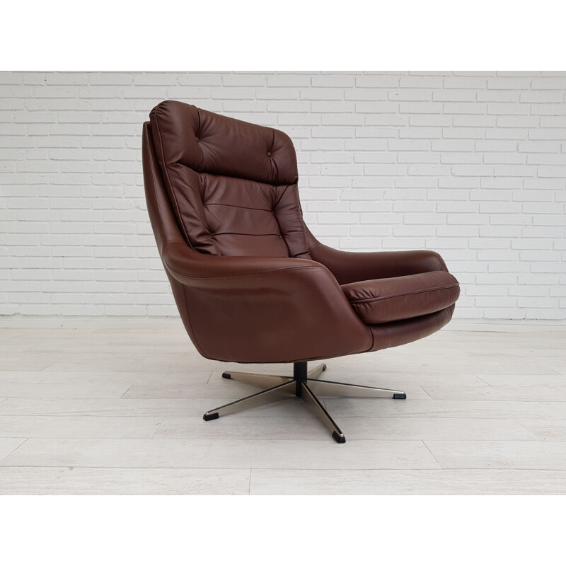 Vintage swivel armchair leather upholstery Danish 1970