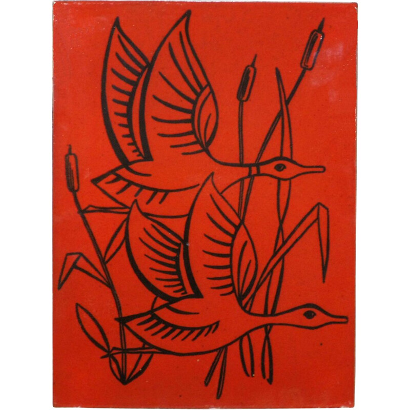  Décoration murale rouge en céramique avec oiseaux - 1960
