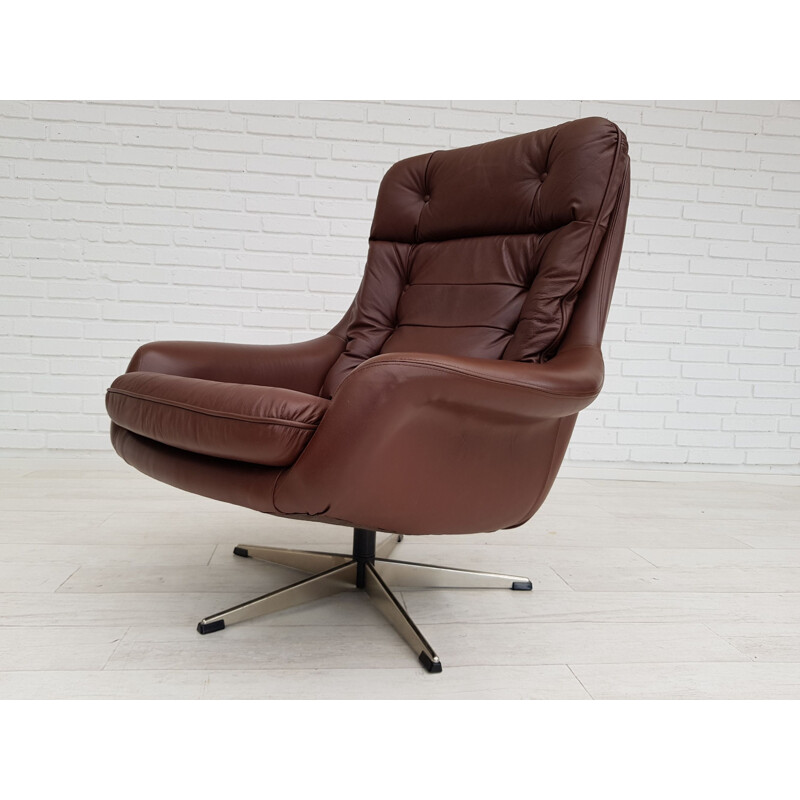 Vintage swivel armchair leather upholstery Danish 1970