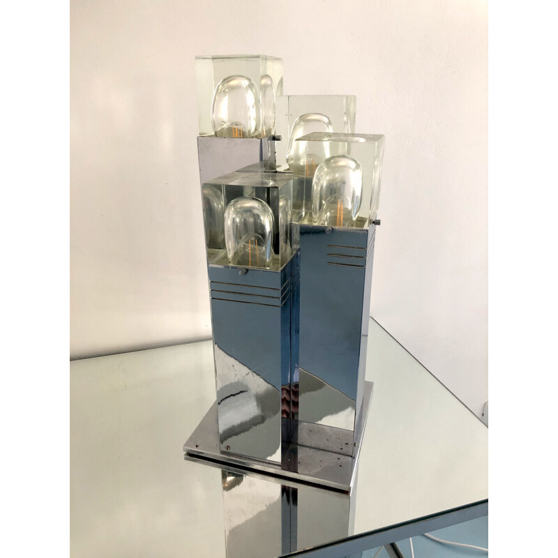 Lampe de table vintage en verre et chrome de Gaetano Sciolari Italie 1970
