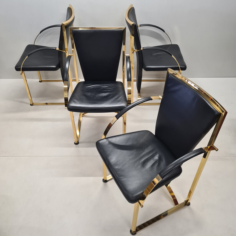 Set of 4 vintage brass & leather dining chairs by Ronald Schmitt, German