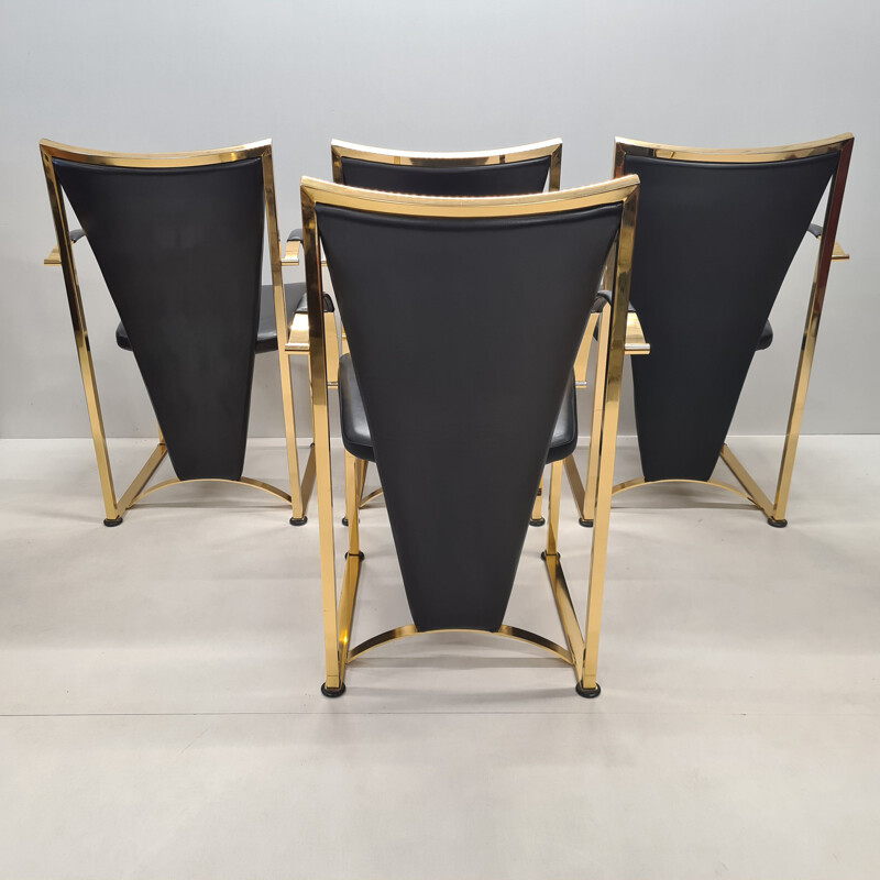 Set of 4 vintage brass & leather dining chairs by Ronald Schmitt, German