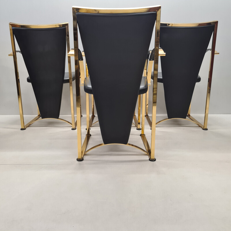 Set of 4 vintage brass & leather dining chairs by Ronald Schmitt, German