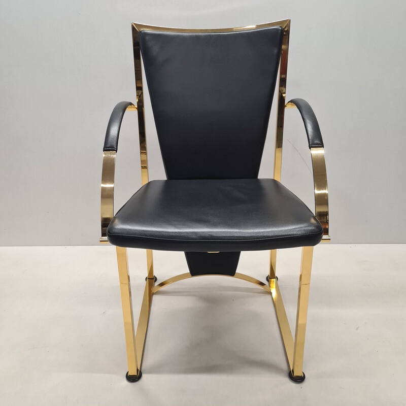 Set of 4 vintage brass & leather dining chairs by Ronald Schmitt, German