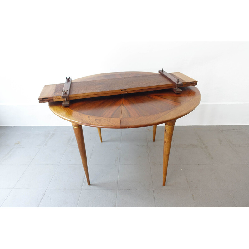 Vintage Extendable Round Walnut Dining Table Brass Details by José Cruz de Carvalho for Altamira 1950