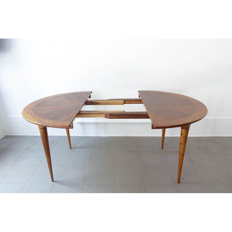 Vintage Extendable Round Walnut Dining Table Brass Details by José Cruz de Carvalho for Altamira 1950