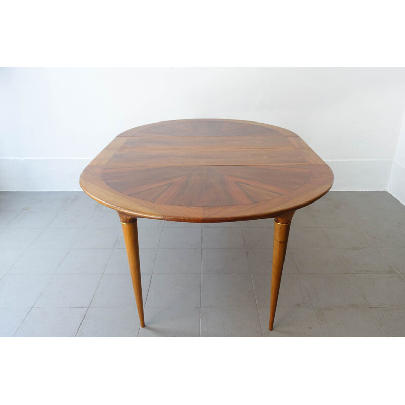 Vintage Extendable Round Walnut Dining Table Brass Details by José Cruz de Carvalho for Altamira 1950