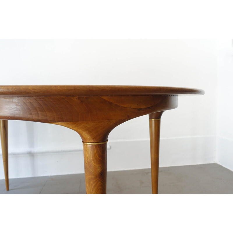 Vintage Extendable Round Walnut Dining Table Brass Details by José Cruz de Carvalho for Altamira 1950