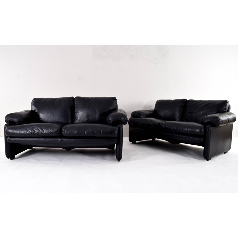Vintage Black Leather Coronado Sofa by Tobia & Scarpa for B&B Italy 1970s