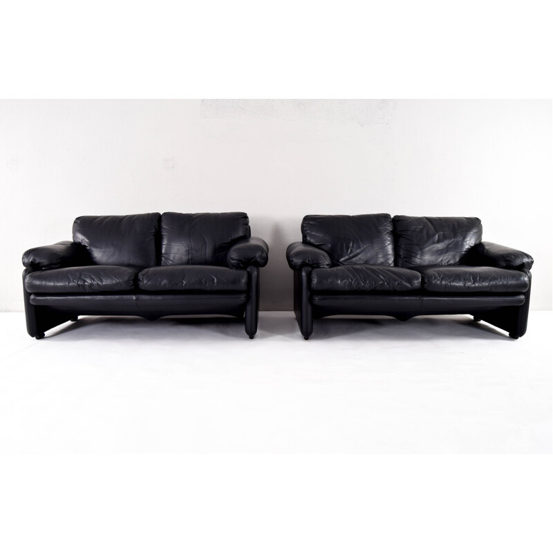 Vintage Black Leather Coronado Sofa by Tobia & Scarpa for B&B Italy 1970s