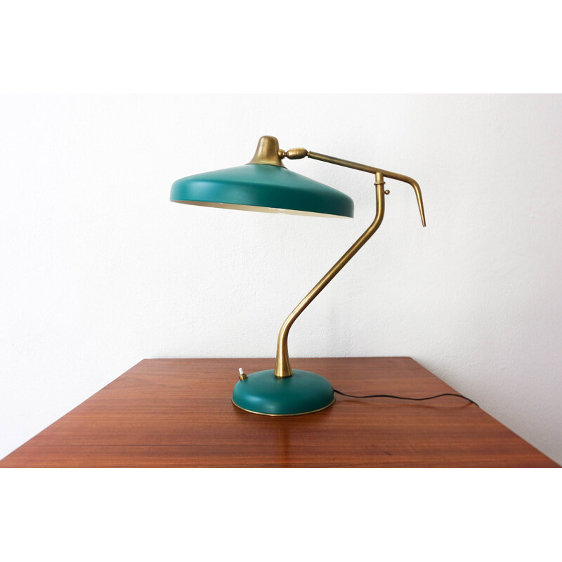 Vintage table lamp  brass and lacquered green aluminium by Oscar Torlasco for LUMI Milano Italy 1950