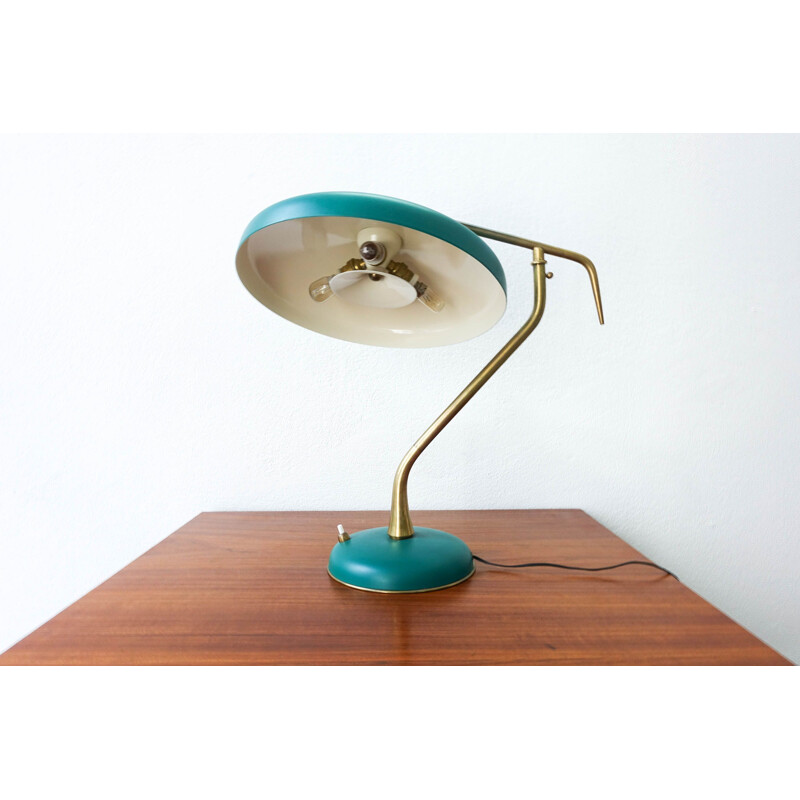 Vintage table lamp  brass and lacquered green aluminium by Oscar Torlasco for LUMI Milano Italy 1950