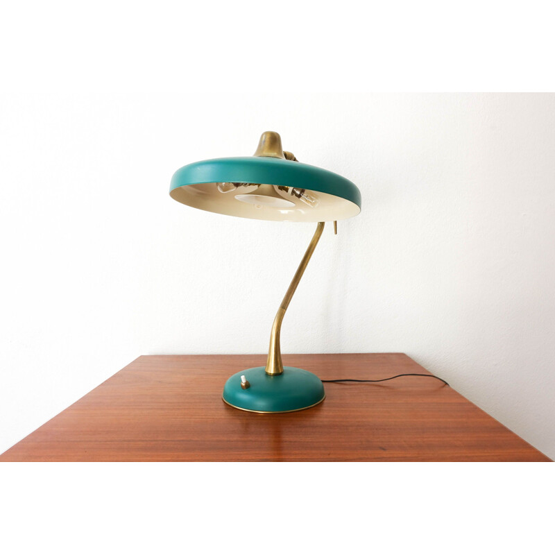 Vintage table lamp  brass and lacquered green aluminium by Oscar Torlasco for LUMI Milano Italy 1950