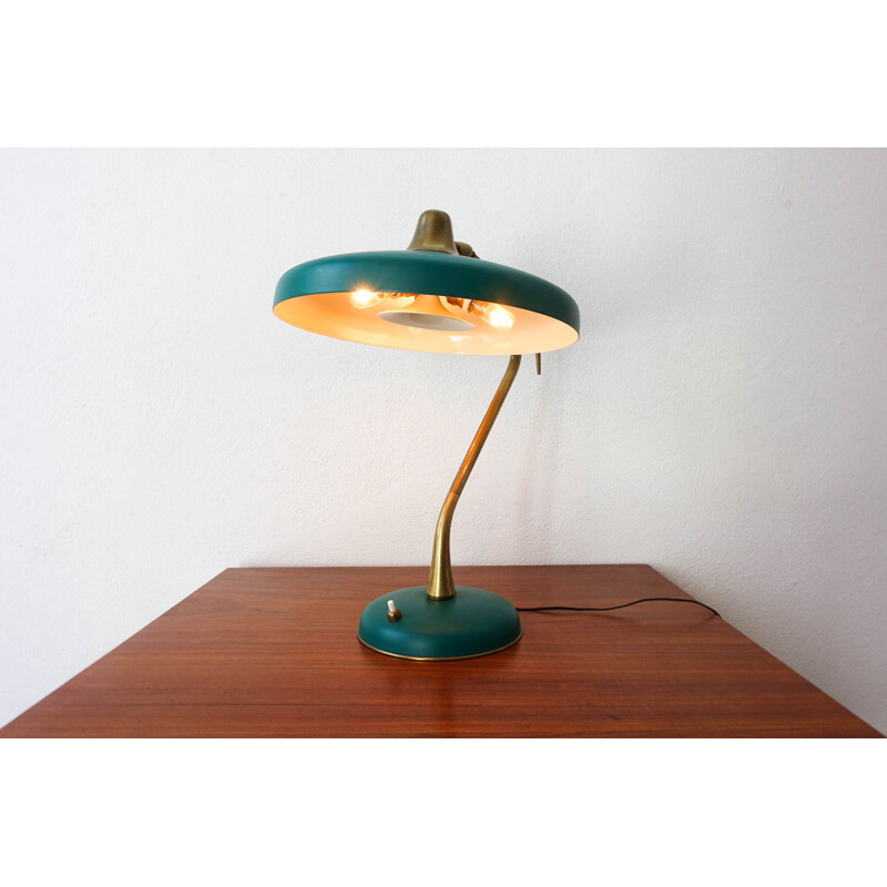 Vintage table lamp  brass and lacquered green aluminium by Oscar Torlasco for LUMI Milano Italy 1950