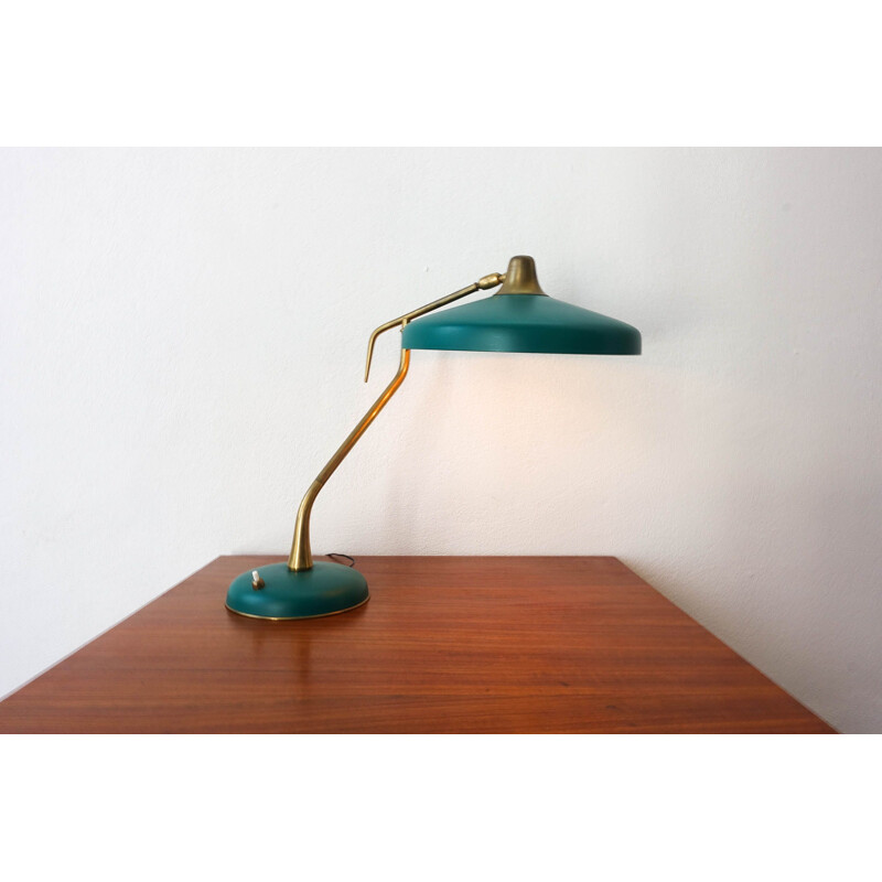 Lampe de table vintage en laiton et aluminium vert laqué par Oscar Torlasco pour LUMI Milano Italie 1950