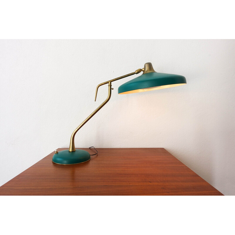 Vintage table lamp  brass and lacquered green aluminium by Oscar Torlasco for LUMI Milano Italy 1950