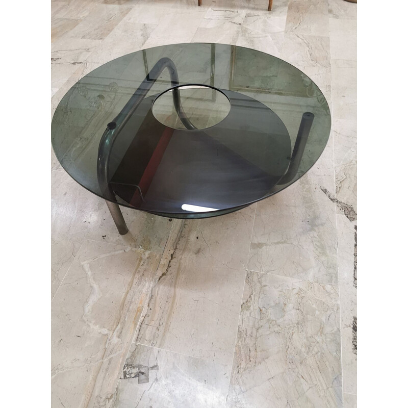 Vintage Coffee table in steel and smoked glass Italian 1970