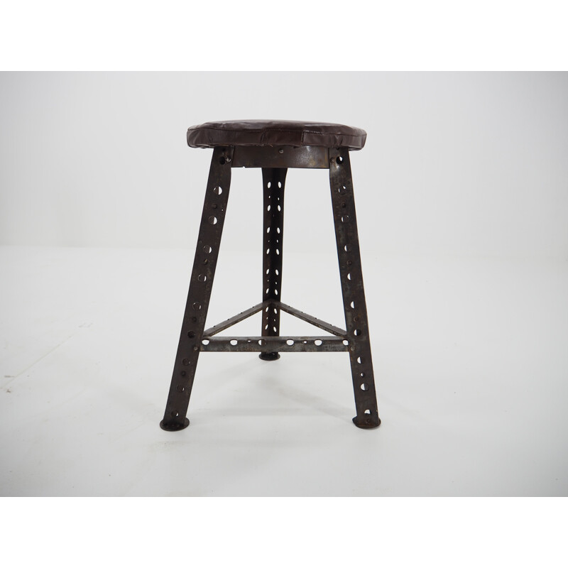 Tabouret industriel vintage en acier et cuir