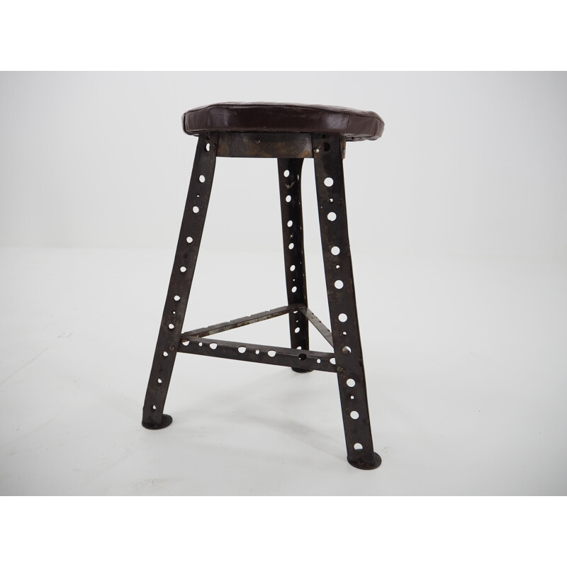 Vintage Industrial steel and leather stool