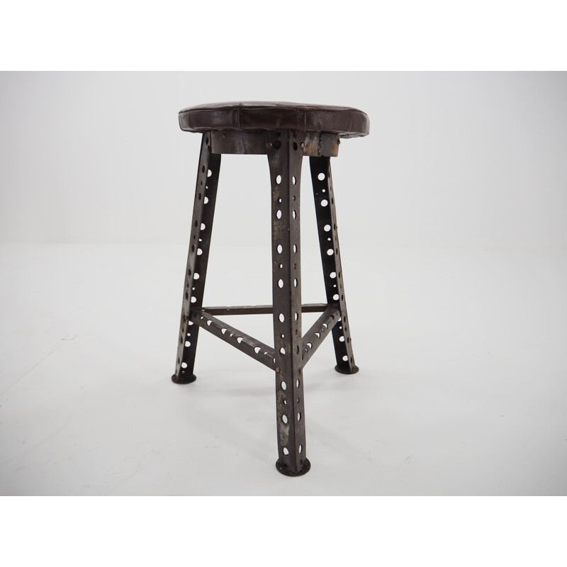 Vintage Industrial steel and leather stool