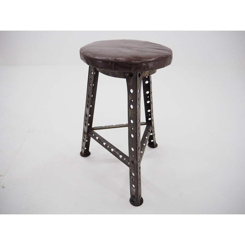 Vintage Industrial steel and leather stool