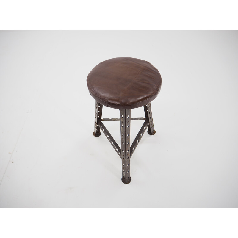 Vintage Industrial steel and leather stool