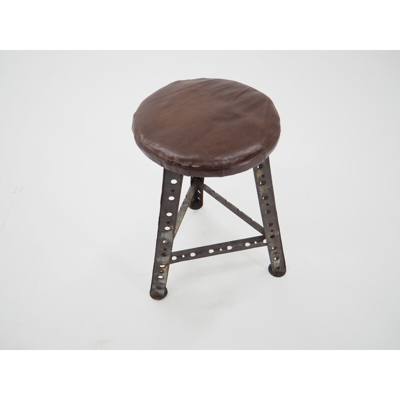 Tabouret industriel vintage en acier et cuir