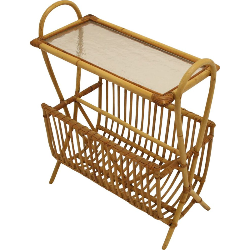 Vintage Bamboo or Rattan Magazine rack with glass plate